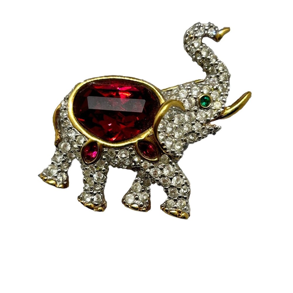 Swarovski Elephant Trunk Up Pave Crystals Red/Green Crystal Accents Swan Logo